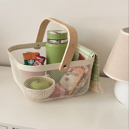 Modern Metal Mesh Fruit Basket with Wooden Handle – Stylish Kitchen Counter Storage for Fruits and Vegetables | Adornia.pk