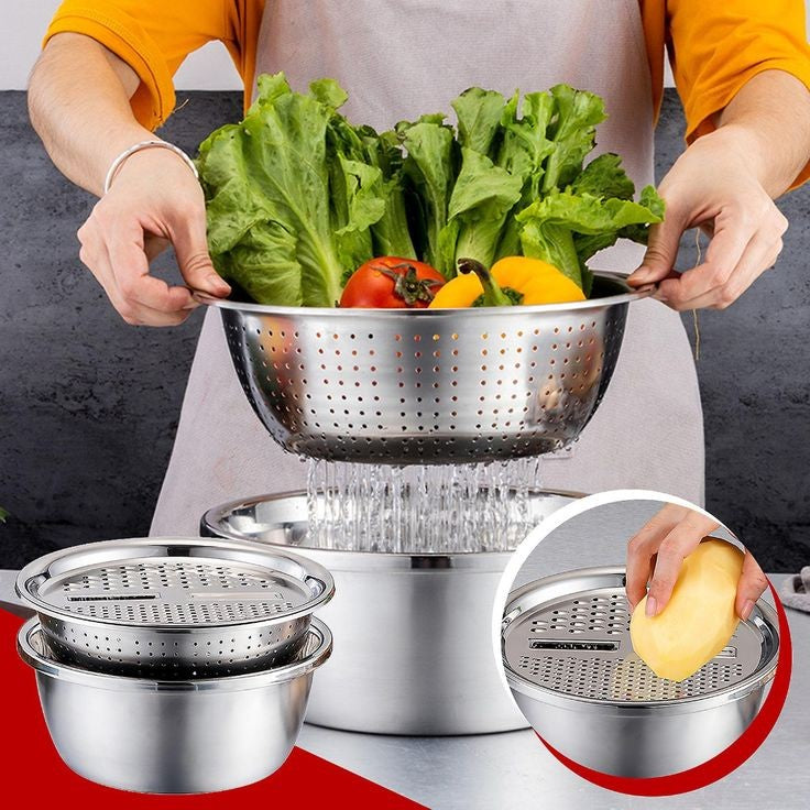 3Pcs Stainless Steel Kitchen Set Colander Slicer Grater