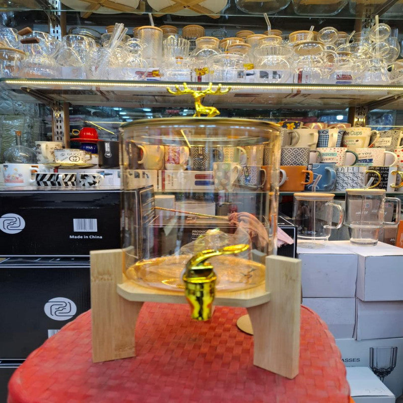 Round Glass Beverage Dispenser – Golden Tap & Wooden Stand | Adornia.pk