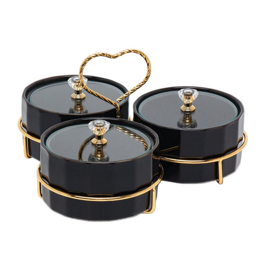 3-Division Dry Fruit Bowls Black With Golden Stand