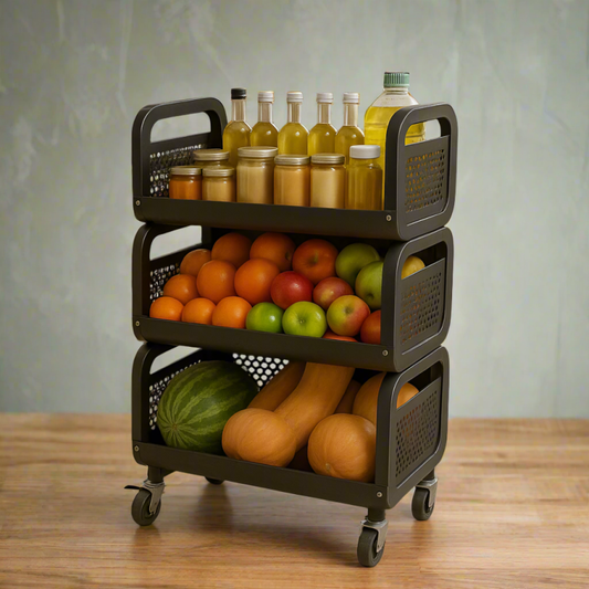 3 Tier Black Metal Storage Rack with Wheels | Heavy-Duty Kitchen & Pantry Organizer for Fruits, Vegetables, Bottles & Groceries