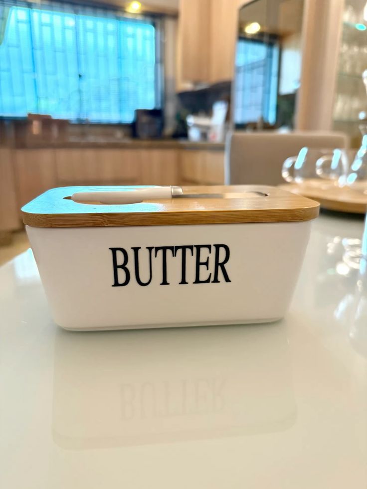 Ceramic Butter Dish with Wooden Lid & Knife Holder