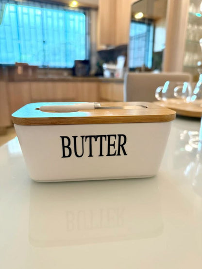 Ceramic Butter Dish with Wooden Lid & Knife Holder