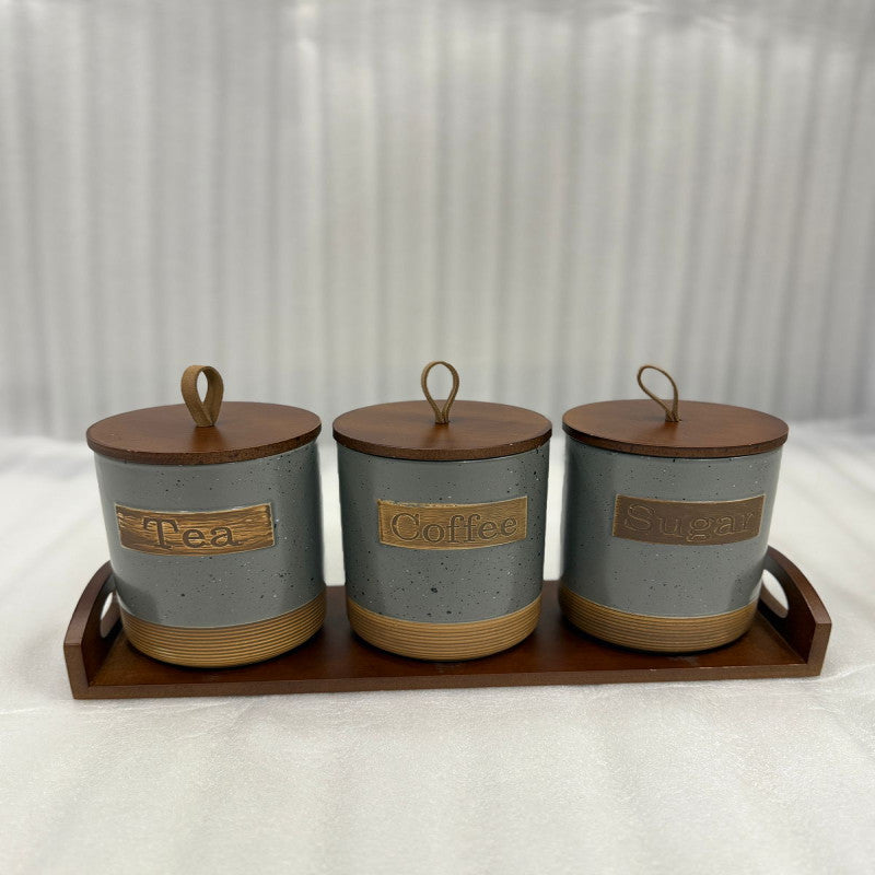 Premium Rustic 3 Pcs Ceramic Jar Set with Wooden Tray | Adornia.pk