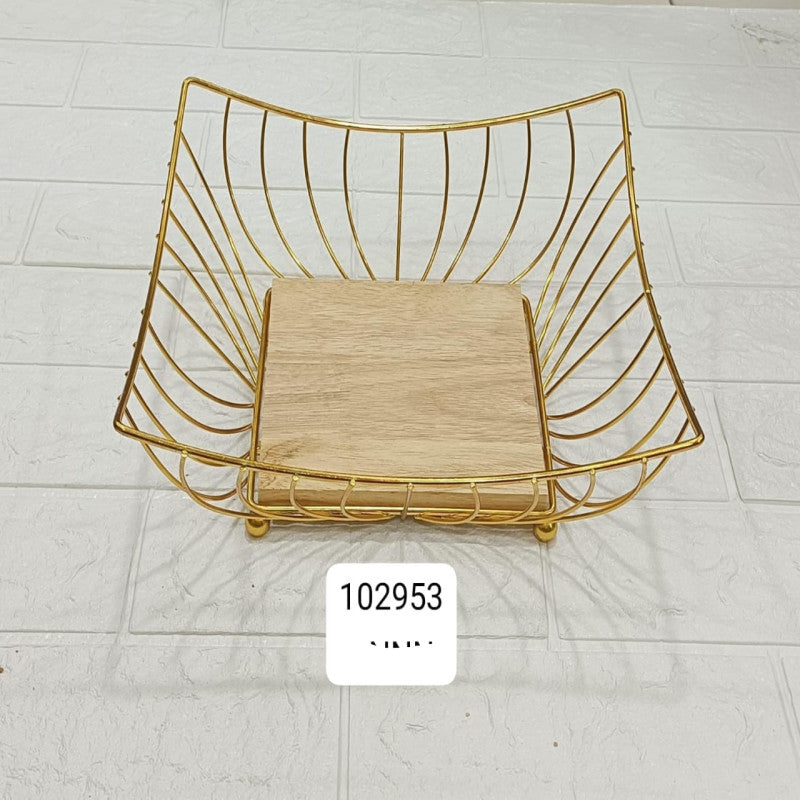 Luxury Golden Wire Fruit Basket with Wooden Base
