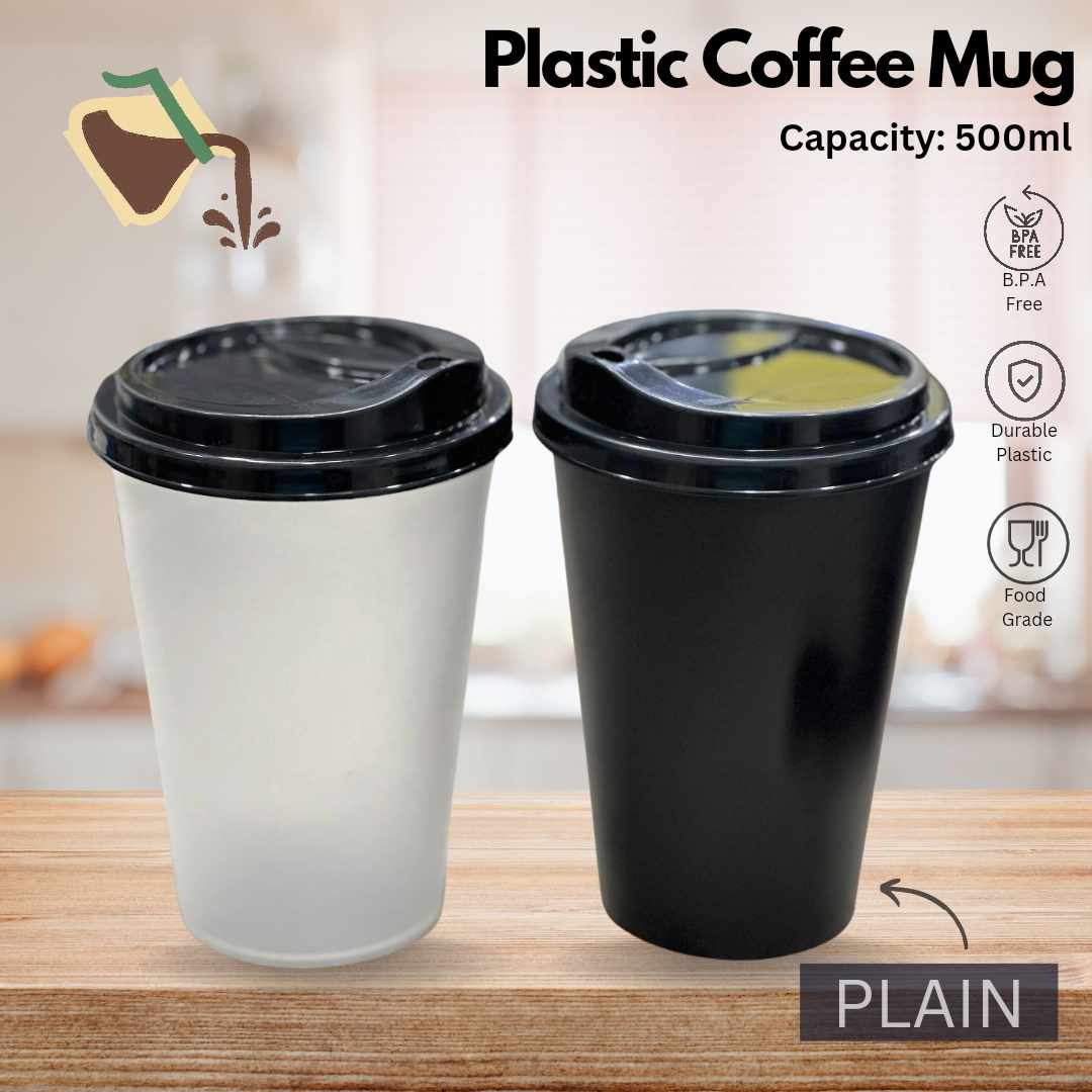 2 Pcs Plain Plastic Coffee Cups 500ml (L3.5xW3.5xH5.0)Inches