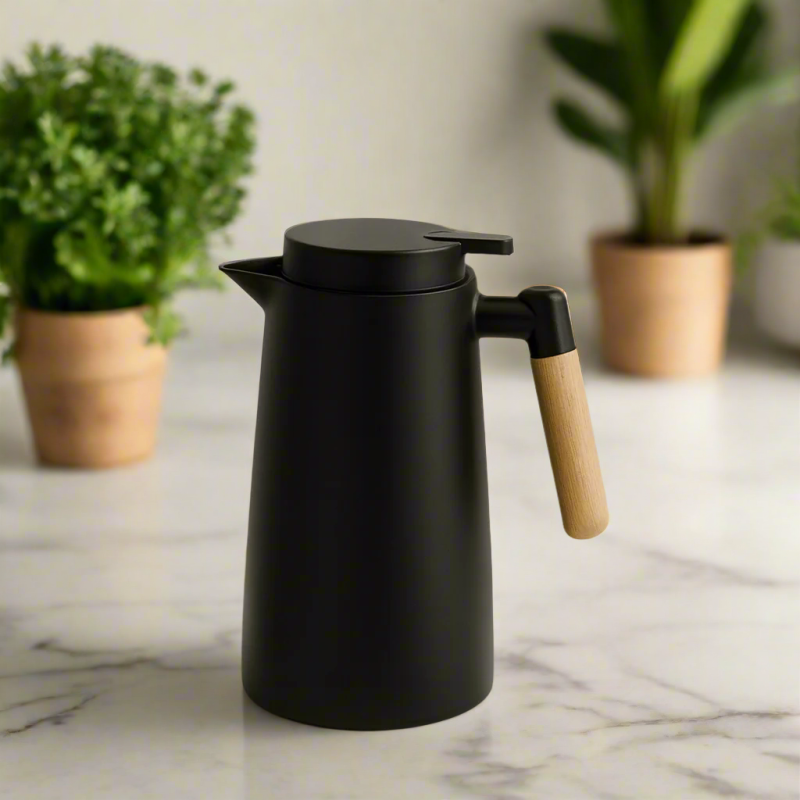Modern 1L Thermal Jug | Black Insulated Coffee & Tea Carafe with Wooden Handle