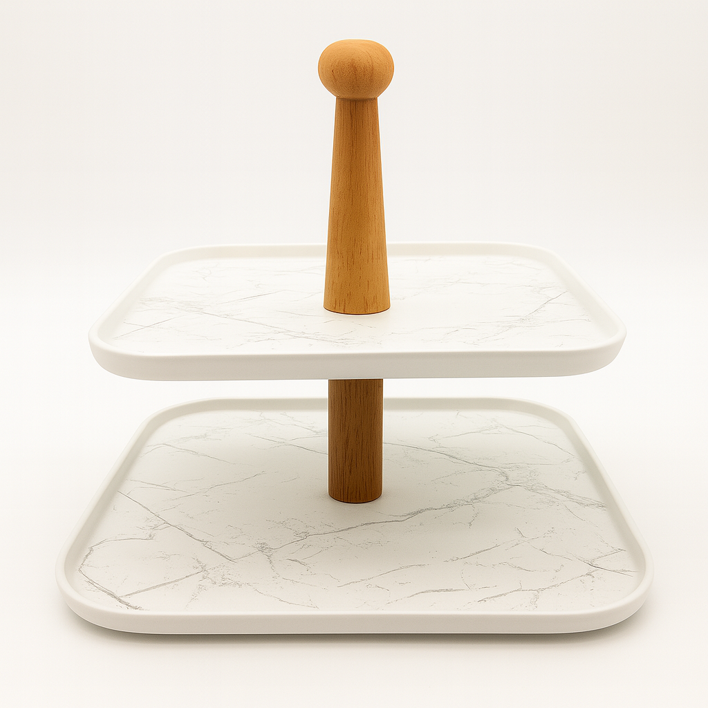 Two-Tier White Serving Tray with Wooden Stand