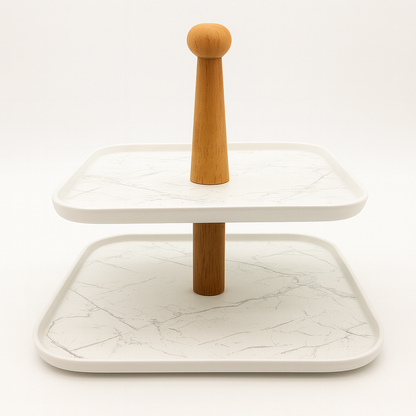 Two-Tier White Serving Tray with Wooden Stand