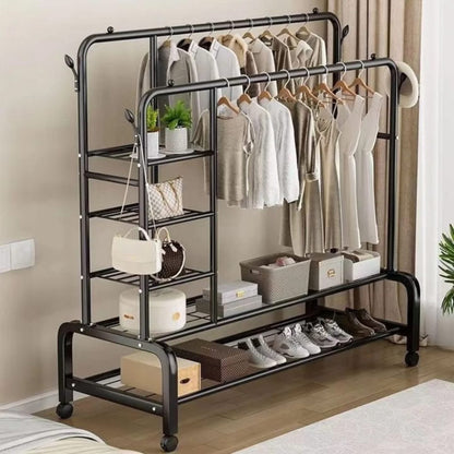 Dual Pole Movable Clothes Rack – Wardrobe Stand with Shelves & Coat Storage
