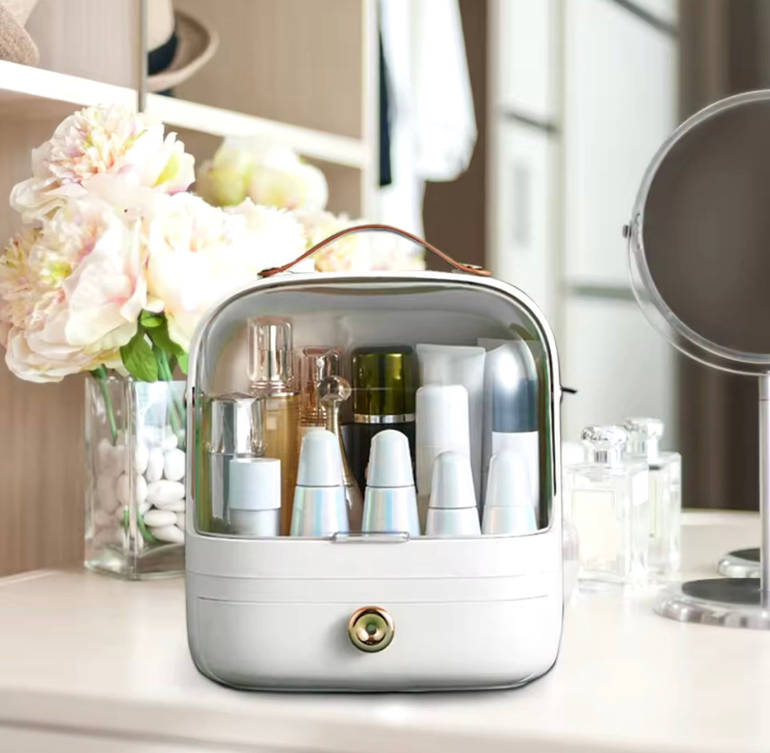 Luxury Makeup Organizer Case, Waterproof Cosmetic Storage Box With Drawer, Desktop Perfume Organizer,