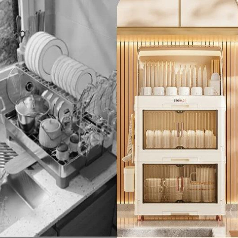 2/3 Layer Kitchen Dish Drying Rack with Drainer, Plastic Dish Drying Rack, Bowls and Dishes Storage Rack with Lid (White)