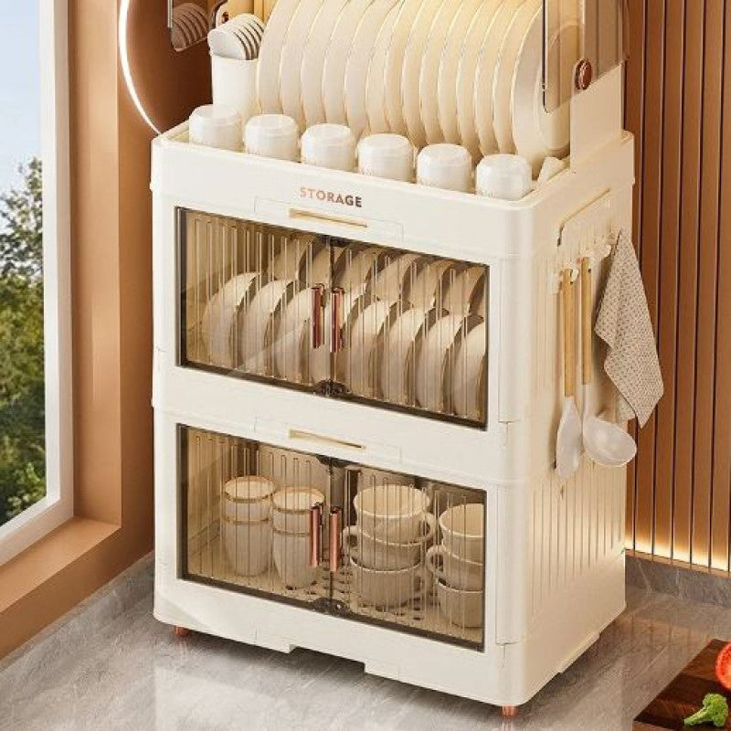 2/3 Layer Kitchen Dish Drying Rack with Drainer, Plastic Dish Drying Rack, Bowls and Dishes Storage Rack with Lid (White)