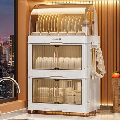 2/3 Layer Kitchen Dish Drying Rack with Drainer, Plastic Dish Drying Rack, Bowls and Dishes Storage Rack with Lid (White)