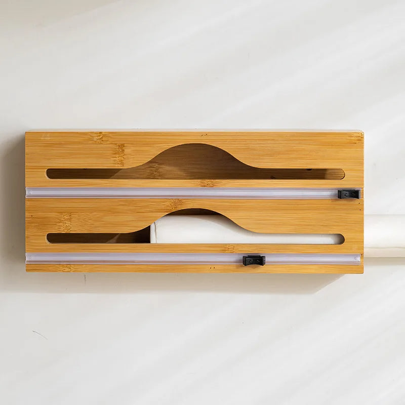 Kitchen 3 In 1 Bamboo Arc Wrap Dispenser Storage For Aluminum Foil With Cutter Cling Film Holder Kitchen Accessories Organizer