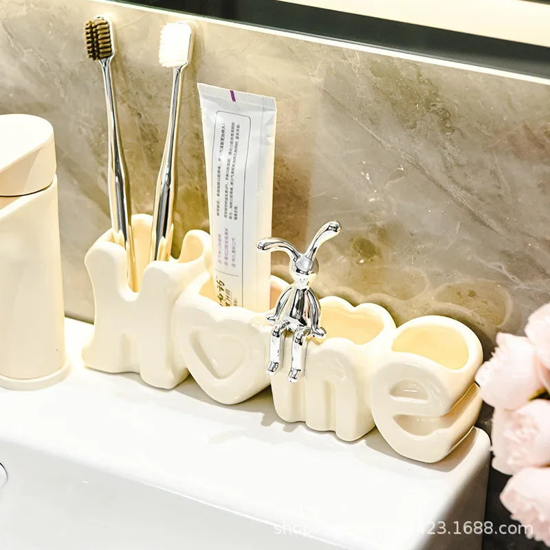 “HOME” Ceramic Toothbrush Holder – Cute & Decorative Bathroom Organizer