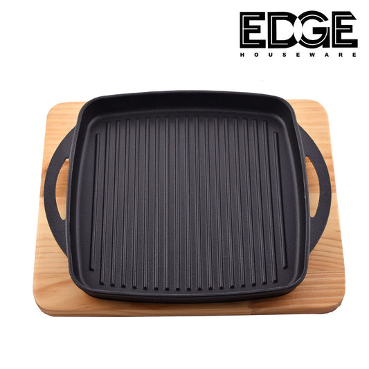 Cast Iron Steak Plate Sizzle Griddle with Wood