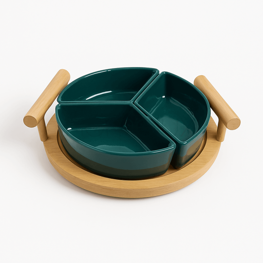 Luxury Green 3-Partition Ceramic Serving Tray with Wooden Base | Elegant Appetizer & Snack Platter