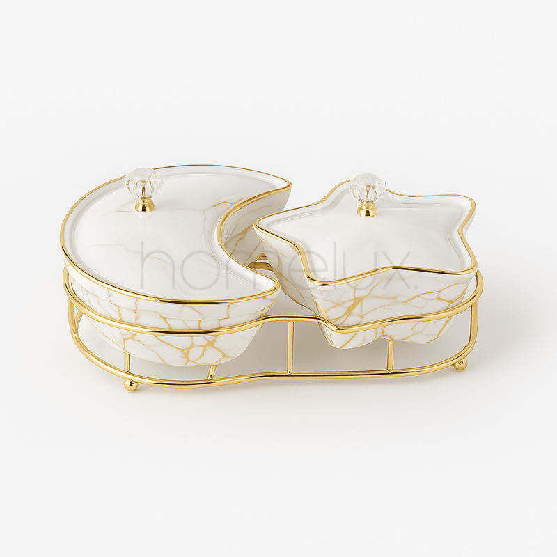 Luxury White Marble Moon & Star 2-Section Ceramic Dish Set | Elegant Appetizer & Snack Plates