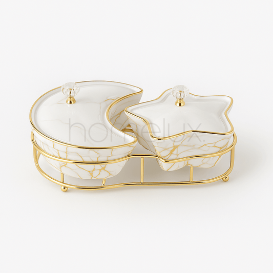 Luxury White Marble Moon & Star 2-Section Ceramic Dish Set | Elegant Appetizer & Snack Plates