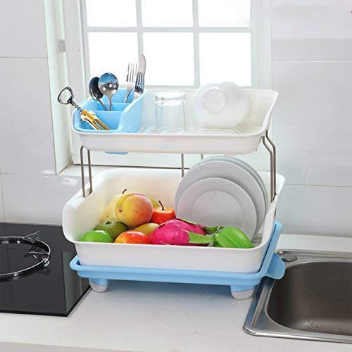 2 Tier Dish Drying Rack, Utensil Holder for Kitchen Counter, Durable Plate Rack With Drainer, Large Plastic Basket with Tray, Multipurpose Kitchen Drainage Storage Rack, Kitchen Utensils Organizer, Portable Kitchen Storage Rack