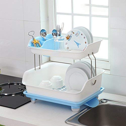 2 Tier Dish Drying Rack, Utensil Holder for Kitchen Counter, Durable Plate Rack With Drainer, Large Plastic Basket with Tray, Multipurpose Kitchen Drainage Storage Rack, Kitchen Utensils Organizer, Portable Kitchen Storage Rack