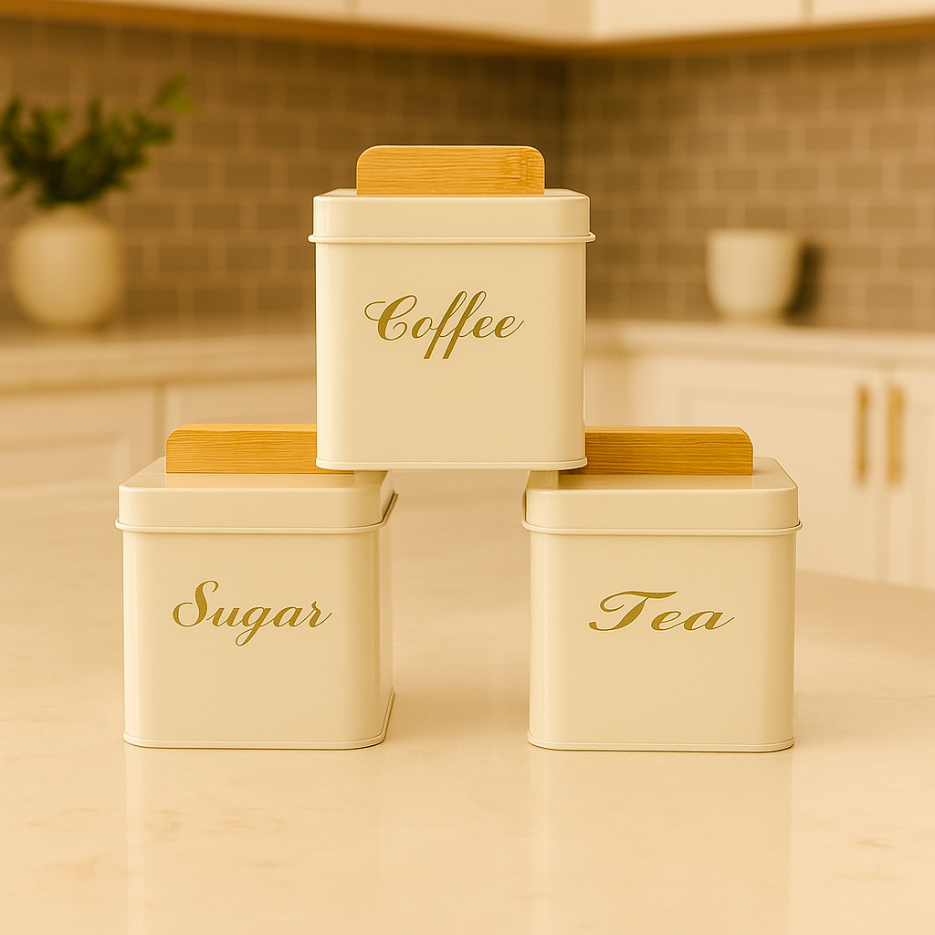 3-Piece Square Metal Sugar Canister Set with Bamboo Lids - White