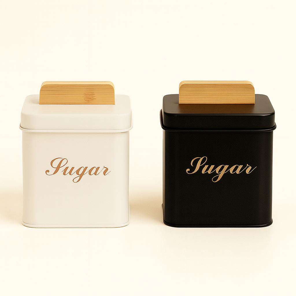 3-Piece Square Metal Sugar Canister Set with Bamboo Lids - Black