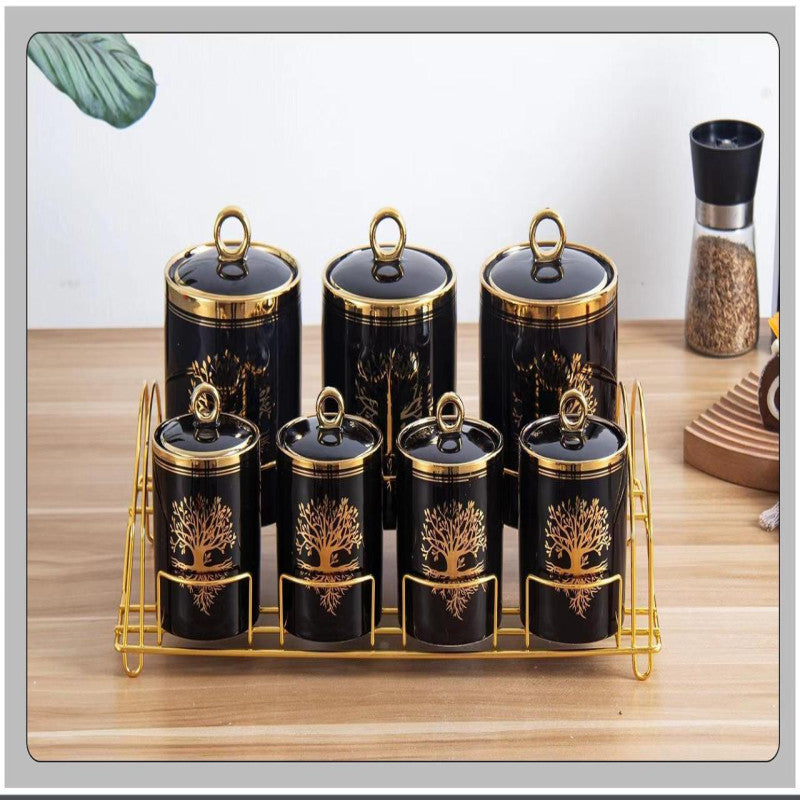 7 Pcs Canister Set with Stand – Stylish Kitchen Storage Jars for Tea, Sugar, Coffee, Spices
