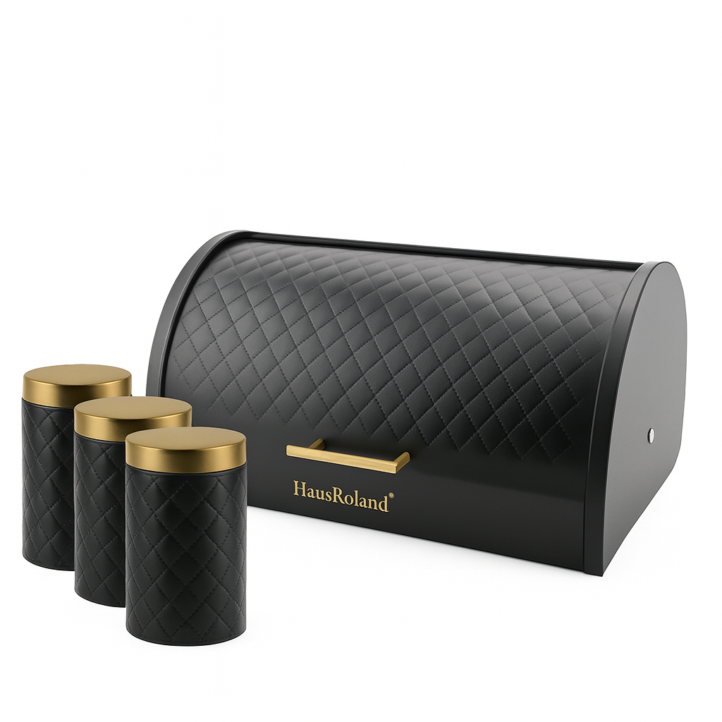 HausRoland Luxe Quilted Bread Bin & Canister Set – Black & Gold