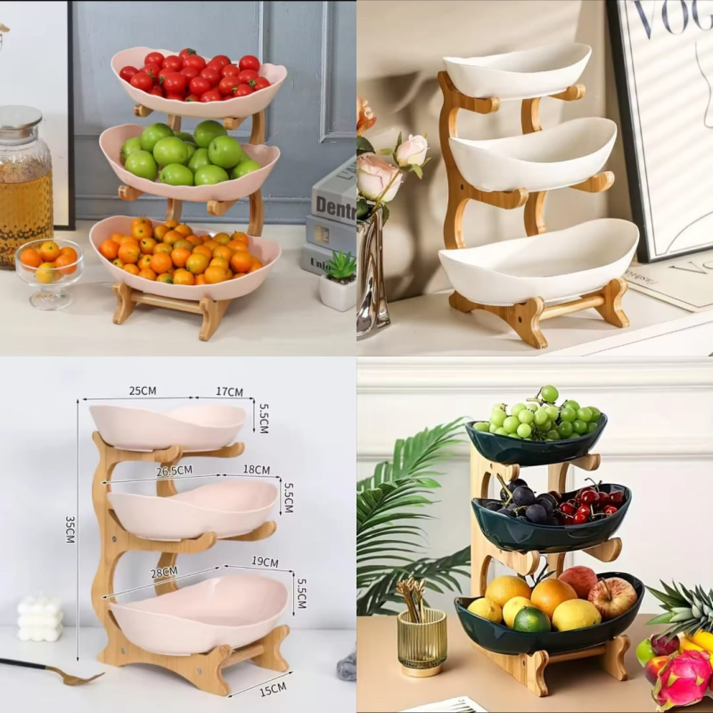 3-Layer Fruit & Snack Plate – Wooden Stand Serving Dish for Home & Parties