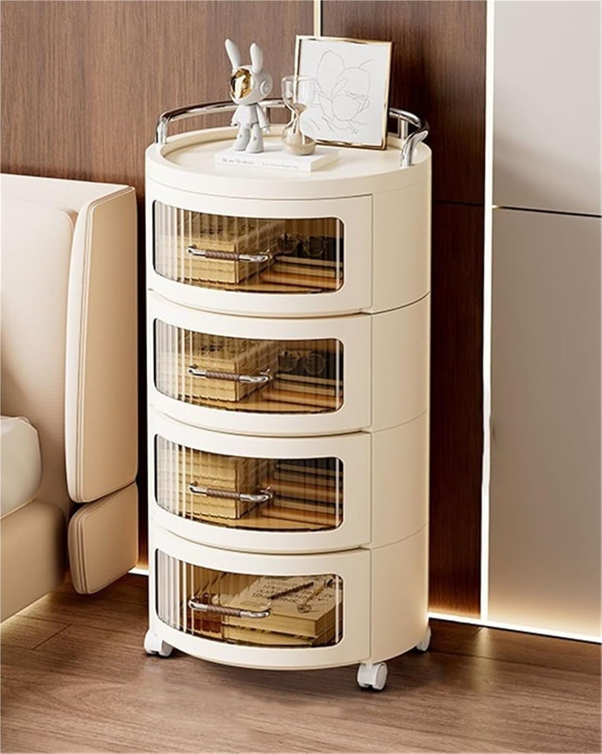 4 Tier Multifunctional Round Bedside Table with Drawers