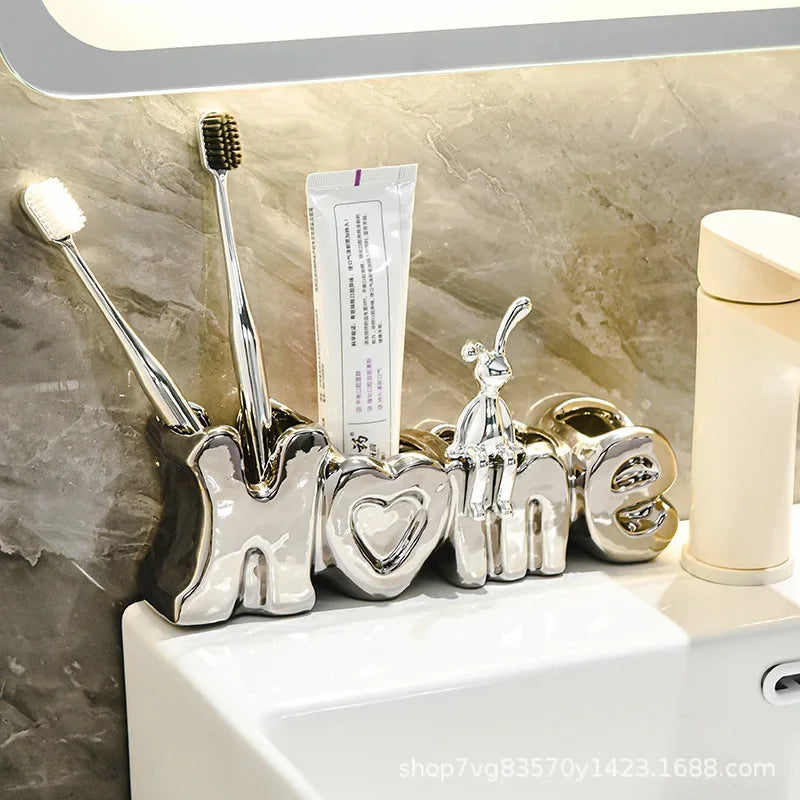 “HOME” Ceramic Toothbrush Holder – Cute & Decorative Bathroom Organizer