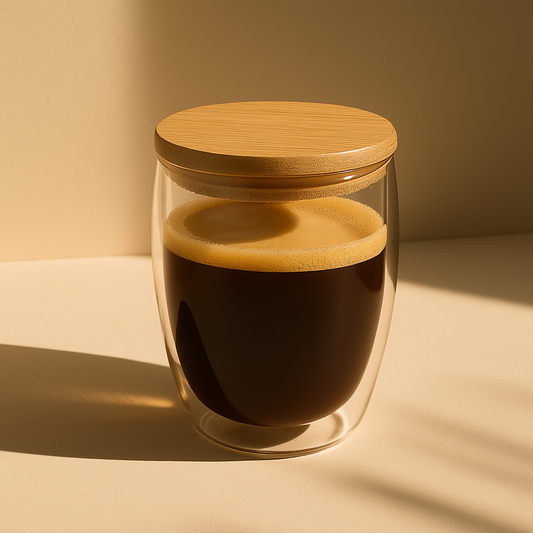 Double-Walled Glass Coffee Cup with Wooden Lid