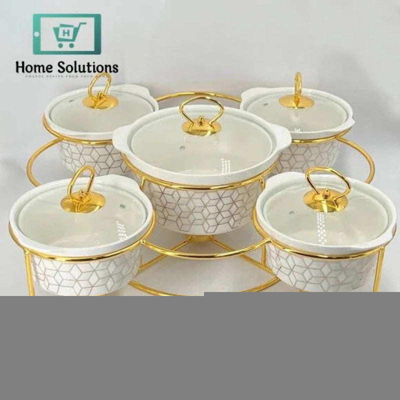 5-Piece Round Ceramic Chafing Dish Set – Marble Finish Warmers