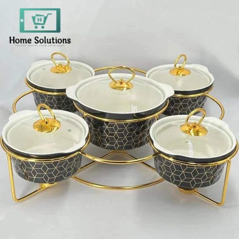 5-Piece Round Ceramic Chafing Dish Set – Marble Finish Warmers