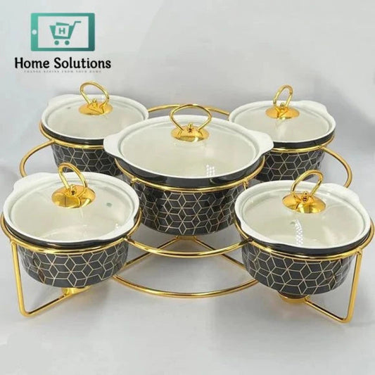5-Piece Round Ceramic Chafing Dish Set – Marble Finish Warmers