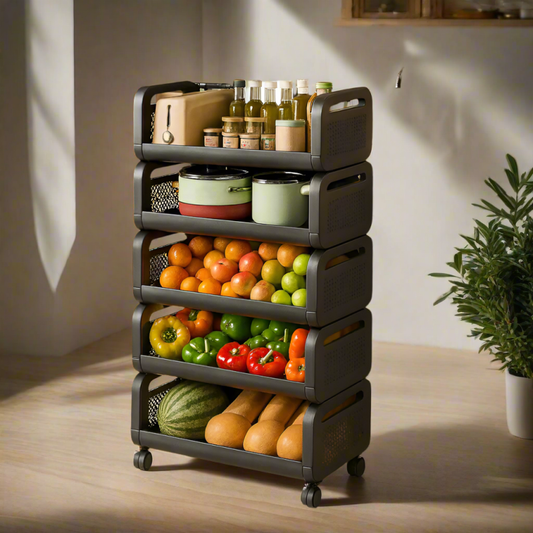 5 Tier Black Metal Kitchen Storage Rack (LU-3) | Heavy-Duty Organizer for Fruits, Vegetables, Bottles & Pantry Essentials