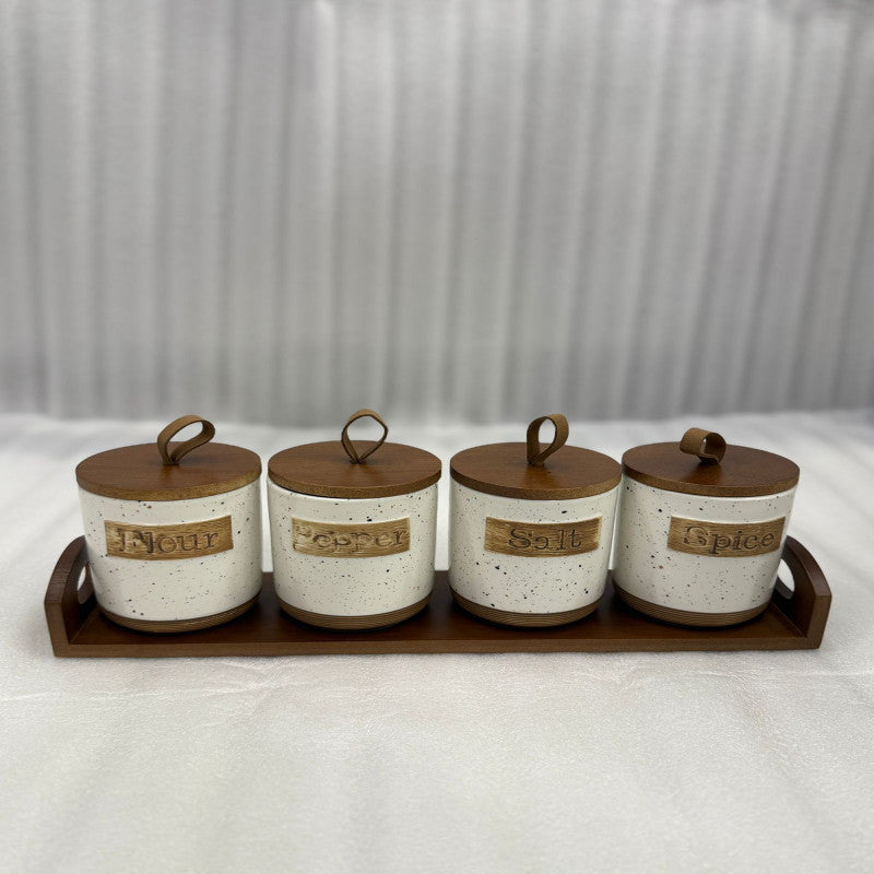 Rustic 4 Pcs Ceramic Jar Set with Wooden Tray | Adornia.pk