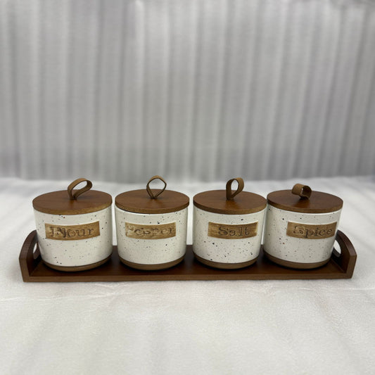 Rustic 4 Pcs Ceramic Jar Set with Wooden Tray | Adornia.pk