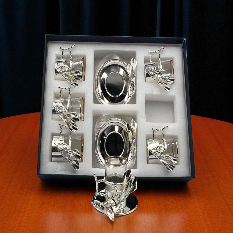 12-Piece Premium Silver Qahwa Glass Shot Set – Elegant Arabic Coffee Cups with Leaf Handle & Saucers | Luxury Middle Eastern Serveware