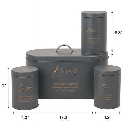 4-Piece Metal Bread Bin and Canister Set - Grey