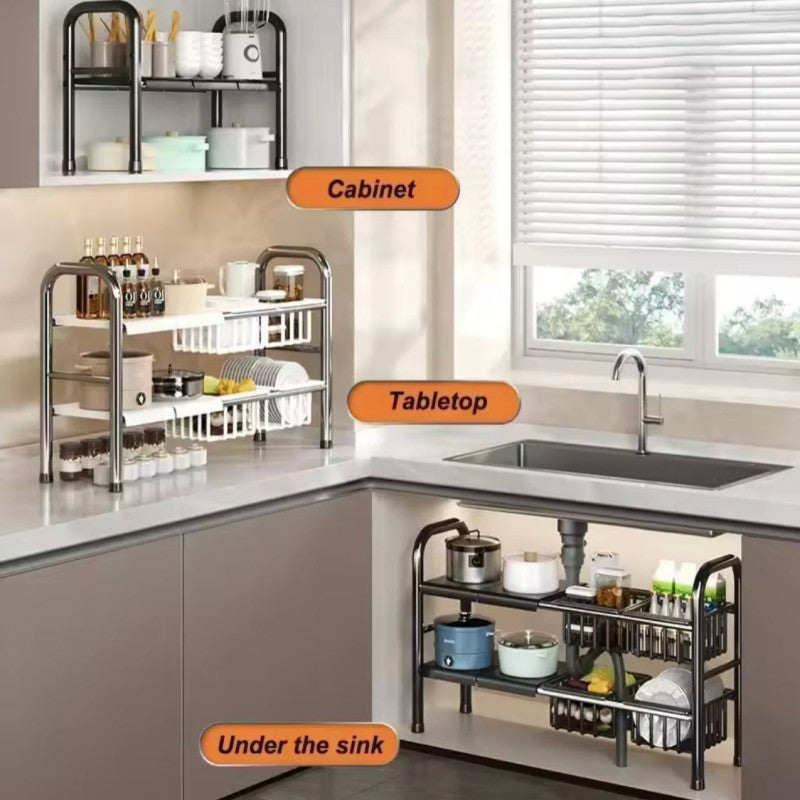 2 Tier Under Sink Organizer – Expandable Cabinet Shelf & Multifunctional Kitchen Organizer