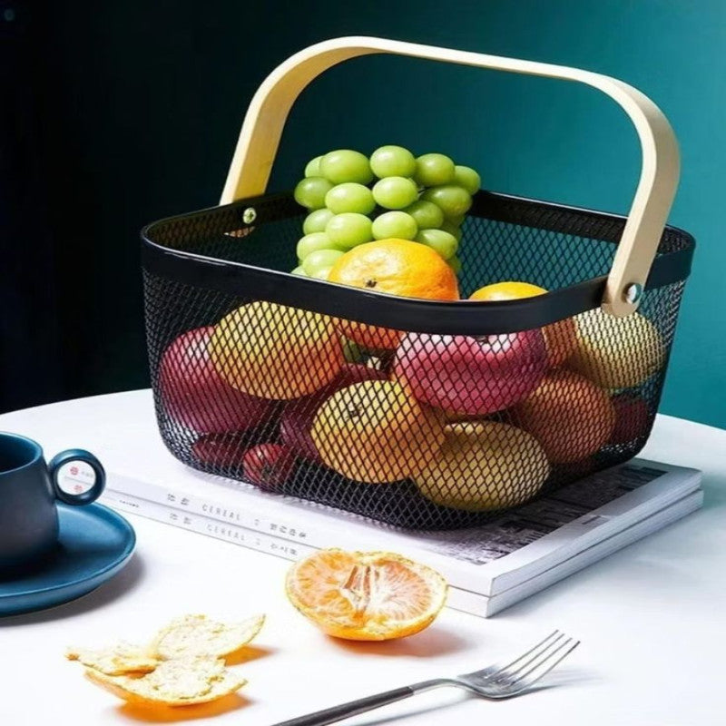 Modern Metal Mesh Fruit Basket with Wooden Handle – Stylish Kitchen Counter Storage for Fruits and Vegetables | Adornia.pk