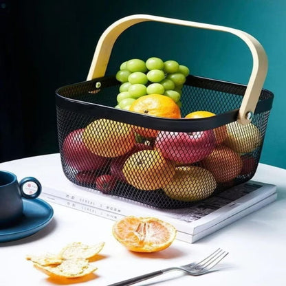 Modern Metal Mesh Fruit Basket with Wooden Handle – Stylish Kitchen Counter Storage for Fruits and Vegetables | Adornia.pk