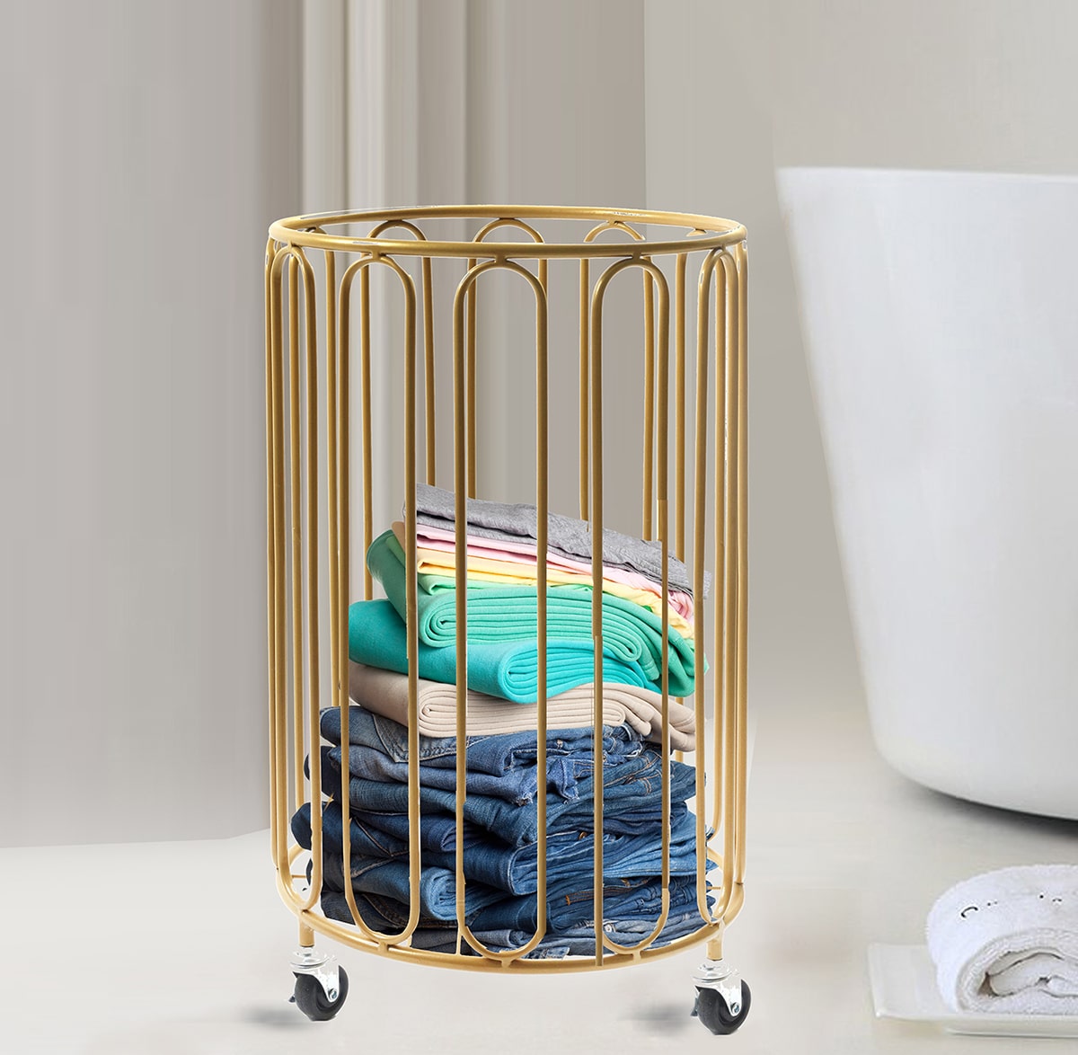 Modern Round Metal Laundry Basket with Wheels