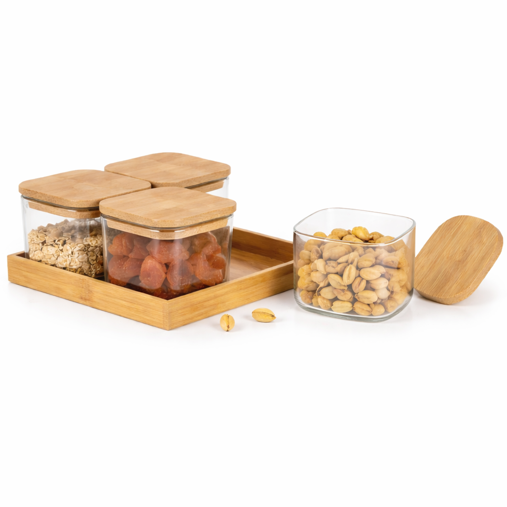 5Pcs Glass Storage Jar Set with Bamboo Lids & Tray