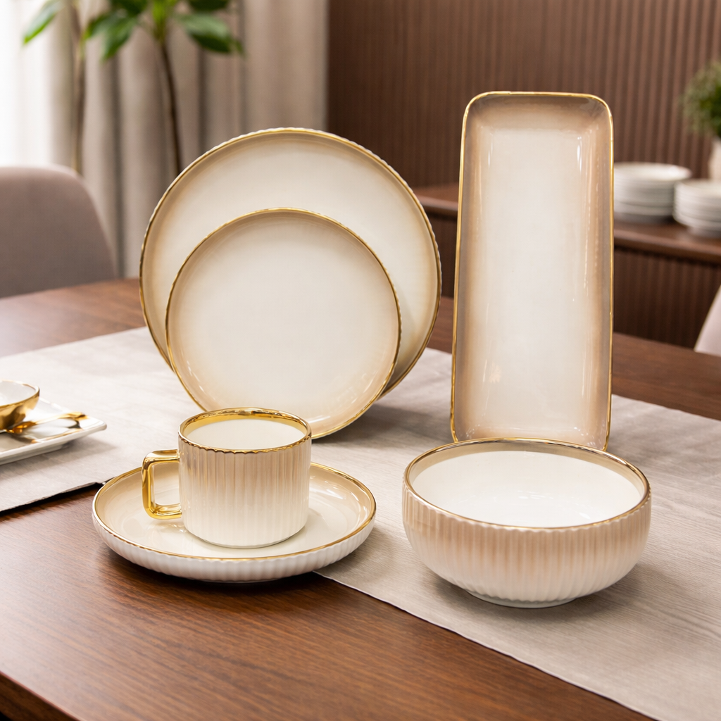 32Pcs Ceramic Dinner Set - White & Brown Shaded