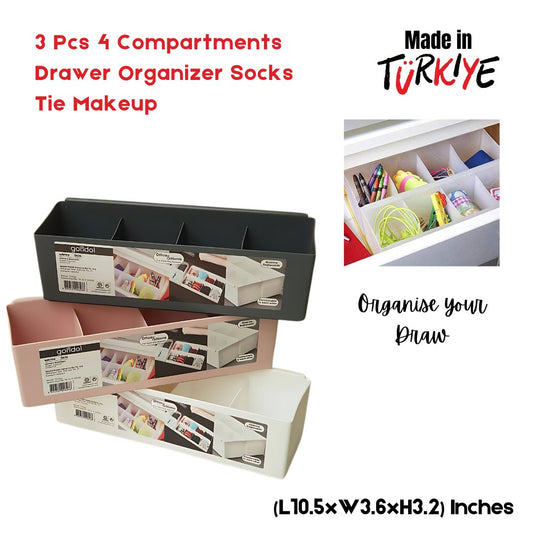 3 Pcs  4 Compartments Drawer Organizer Socks Tie Makeup (L10.5xW3.6xH3.2) Inches