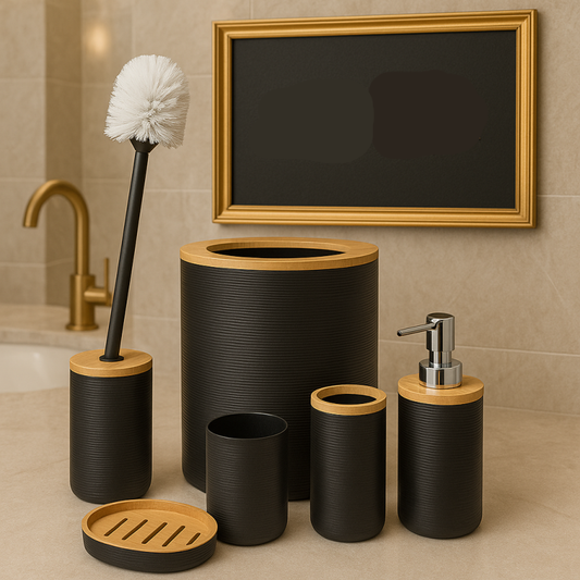 Luxury Black 6-Piece Bathroom Accessories Set with Bamboo Accents | Modern Bathroom Organizer & Decor
